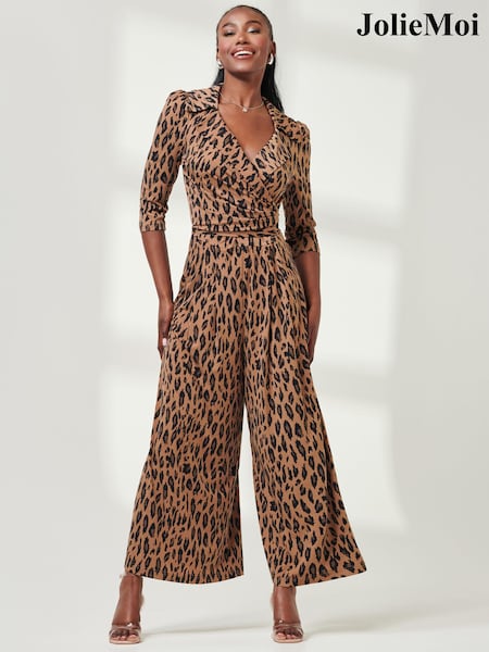 Jolie Moi Brown Animal Print Jersey Jumpsuit (E86770) | AED189