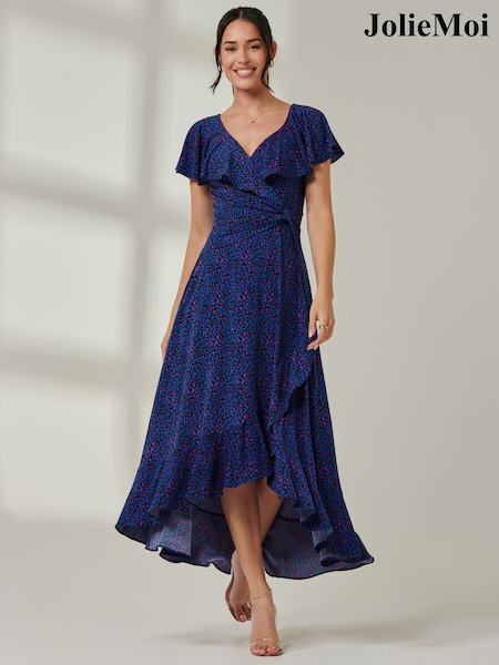 Jolie Moi Blue Animal Print Frill Maxi Dress (E86778) | AED244