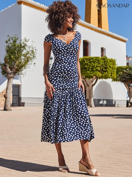 Sosandar Blue Spot Print Fit And Flare Bardot Jersey Dress (E86902) | €95