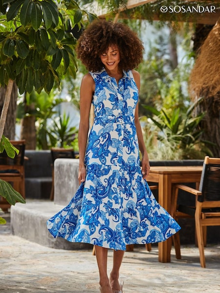 Sosandar Blue Paisley Print Jersey Midi Shirt Dress With Belt (E86909) | €54