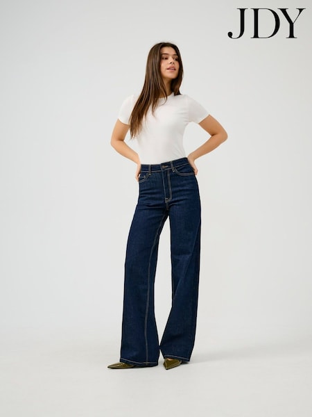 כחול  - Jdy High Waist Wide Leg Jeans In Rinse