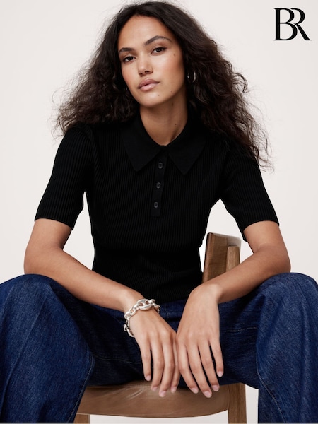 Banana Republic Black Cece Sculpted Cropped Polo Top (E87541) | €40