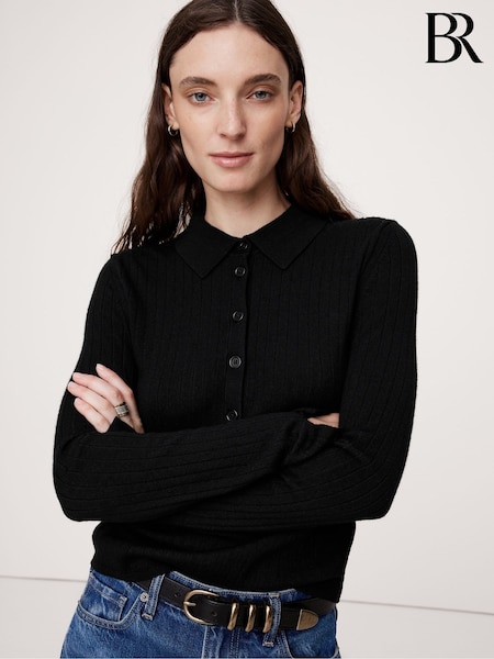 Musta - Banana Republic Merino Wool Ribbed Polo Jumper (E87546) | €118