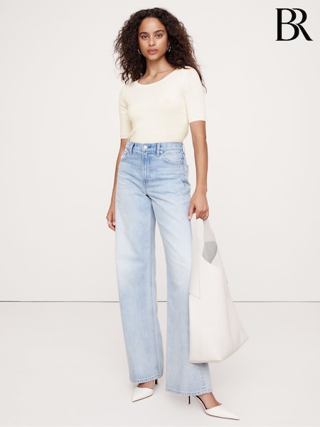 Banana Republic White Ribbed Merino Scoop Neck Top (E87555) | €37