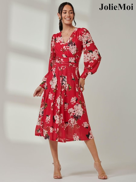 Jolie Moi Red Floral Wrap Front Mesh Dress (E87580) | €45
