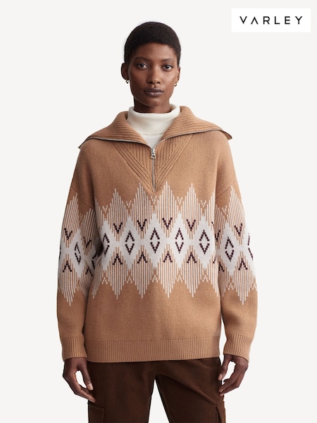 Varley Brown Heidi Jacquard Half Zip Jumper (E87584) | AED524
