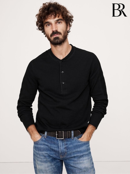 Banana Republic Black Slub Double-Knit Henley Long Sleeve T-Shirt (E87806) | €66