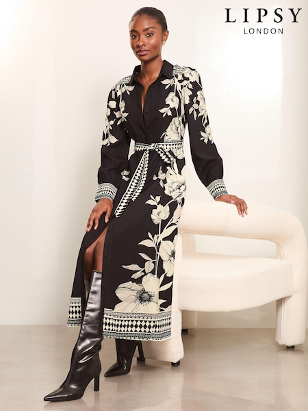 Lipsy Monochrome Petite Floral Button Through Midi Bleted Shirt Dress (E87885) | $154