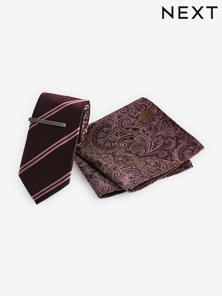 Grape Pink Stripe/Paisley Slim Tie And Pocket Square Set (E88008) | €14