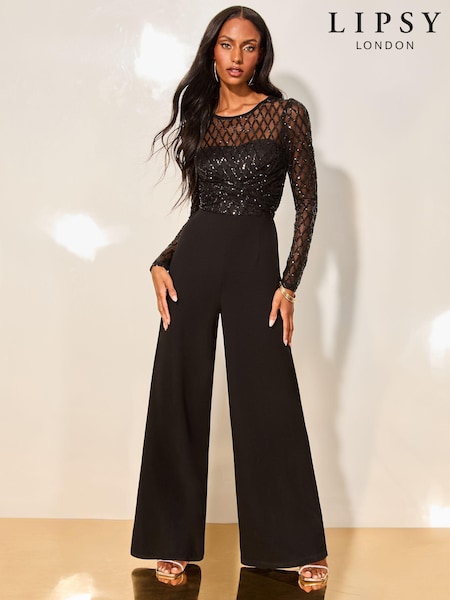 Lipsy Long Sleeve Cross Front Sequin Jumpsuit (E88036) | 301 LEI