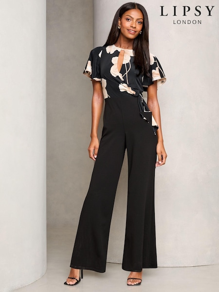 Lipsy Black Floral Flutter Sleeve Tie Side Wide Leg Jumpsuit (E88037) | INR 6,864