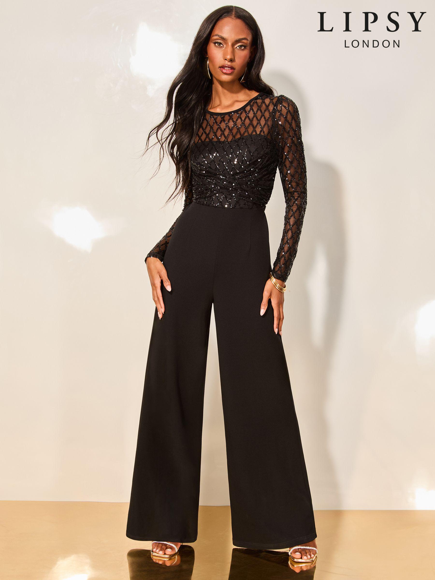 Black Wide Leg Embellished Long Sleeve Evening Jumpsuit Next Oman