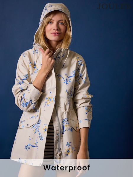 Joules Portwell Beige & Blue Floral Waterproof Raincoat With Hood (E88076) | $170