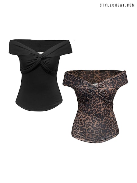 Style Cheat Black Leopard And Plain Ely Bardot Tops 2 Pack (E88198) | 190 QAR