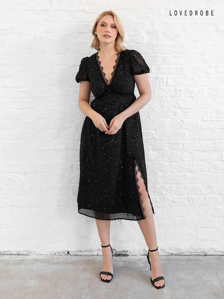 Lovedrobe Metallic Clipped Spot Lace Trim Midi Black Dress (E88245) | €44