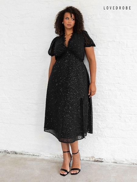 Lovedrobe Metallic Clipped Spot Lace Trim Midi Black Dress (E88253) | €69