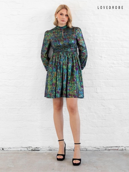 Lovedrobe Mini Metallic Plisse Keyhole Detail Black Dress (E88254) | 148 QAR