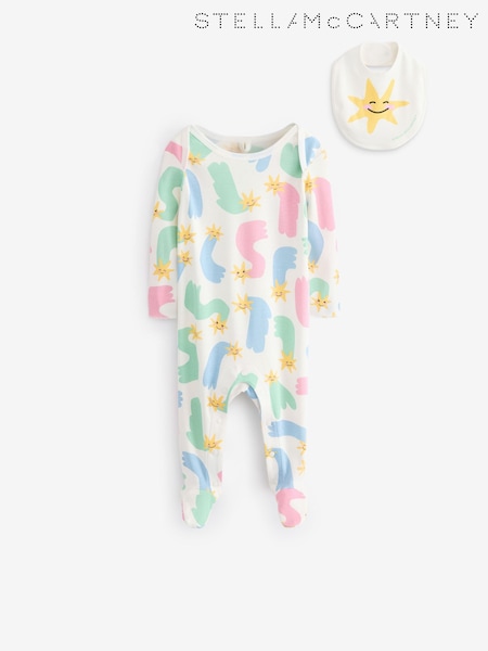 Stella McCartney Kids Cream Multicolour Abstract Star Print Sleepsuit & Bib Set (E88359) | AED495