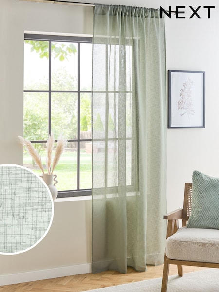 Sage Green Linen Look Slot Top Voile Unlined Sheer Panel Curtain (E88381) | €34 - €45