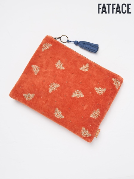 FatFace Orange Bee Embroidered Velvet 100% Cotton Pouch (E88417) | ₪98