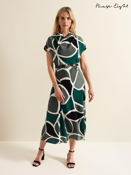 Phase Eight Green Zaynab Swirl Cowl Neck Midi Dress (E88512) | €79