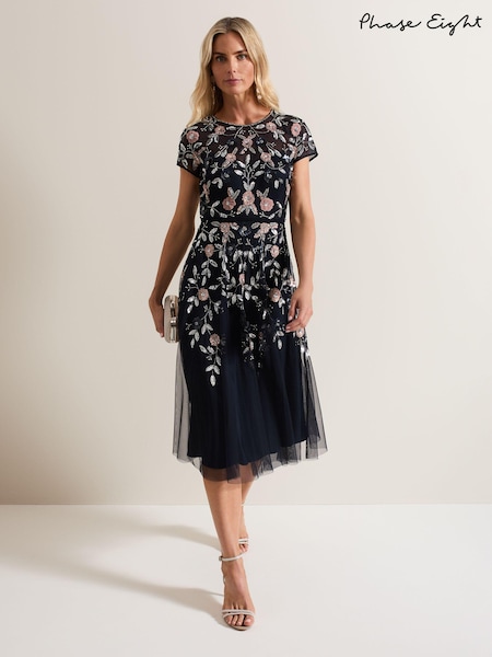 Phase Eight Black Giana Floral Embellished Midi Dress (E88522) | €221