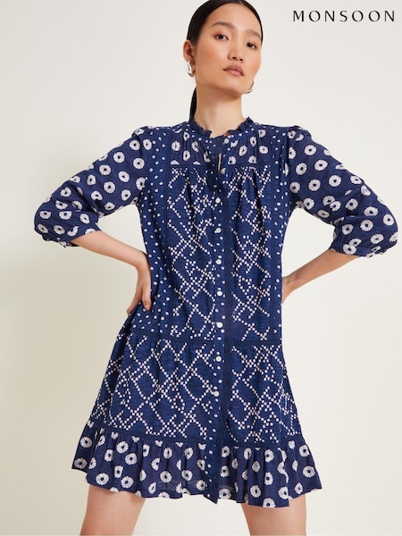 Monsoon Blue 100% Cotton Cindy Print Jersey Dress (E88556) | €51