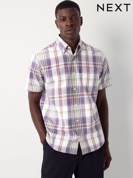 Lilac Purple/Ecru Madras Regular Fit Short Sleeve Easy Iron Button Down Oxford Shirt (E88667) | R$ 230