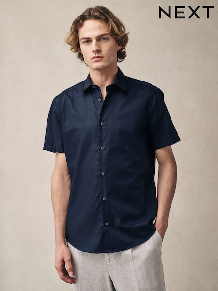 Navy Dobby Regular Fit 100% Cotton Short Sleeve Textured Shirt (E88669) | €37