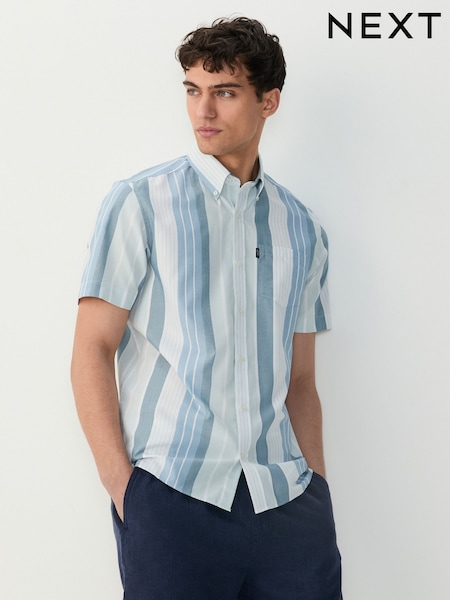 Light Blue/Denim Blue Short Sleeve With Button Down Collar Stripe Easy Iron Oxford Shirt (E88670) | $38