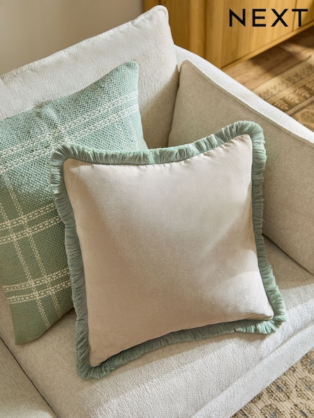 Stone/Green Soft Velour Contrast Fringe 45 x 45cm Cushion (E88685) | € 15