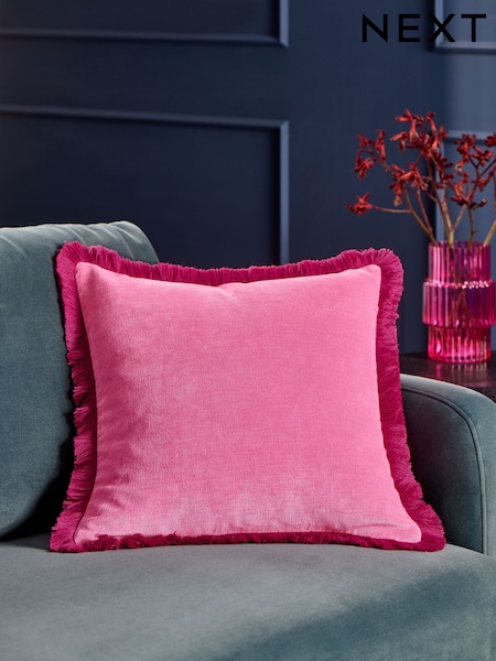 Fushsia Pink Soft Velour Contrast Fringe 45 x 45cm Cushion (E88688) | 49 QAR