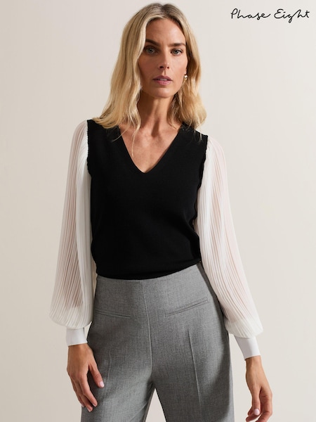 Phase Eight Black Maple V-Neck Woven Sleeve Jumper (E88695) | €50