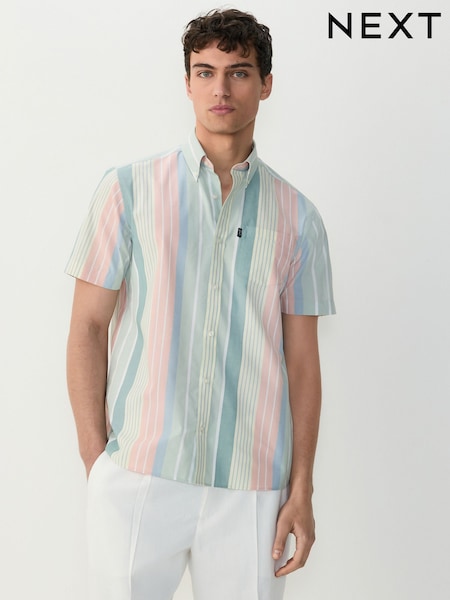 Blue/Pink/Green Pastel Short Sleeve With Button Down Collar Stripe Easy Iron Oxford Shirt (E88696) | $38