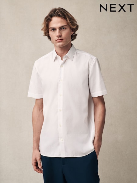 White Regular Fit 100% Cotton Short Sleeve Textured Shirt (E88700) | €37