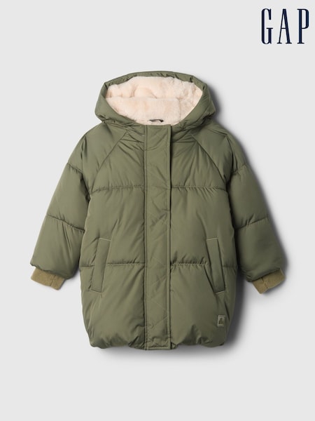 Gap Khaki Green Heavyweight Sherpa-Lined PrimaLoft Puffer Coat (6mths-5yrs) (E88710) | kr857