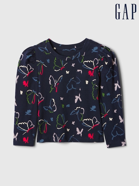 Gap Navy Blue Butterfly Print Cotton Pocket Long Sleeve T-Shirt (6mths-5yrs) (E88726) | €5.50