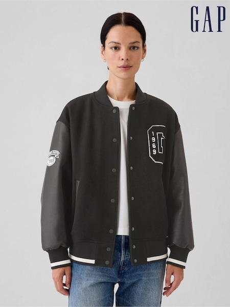Gap Black Wool Blend Logo Varsity Boyfriend Bomber Jacket (E88768) | €134