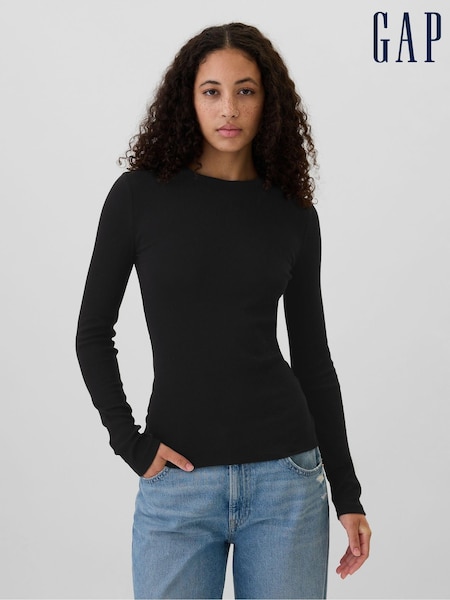 Черный - Gap Ribbed Long Sleeve Crew Neck T-Shirt (E88872) | €21