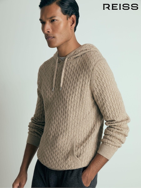 Reiss Soft Brown Melange Crane Atelier Cabled-Cashmere Hoodie (E88904) | 1,970 QAR