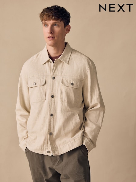Neutral Cotton Linen Blend Lightweight Shacket (E88944) | €93