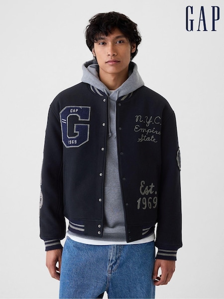 Gap Blue Wool Blend Logo Varsity Bomber Jacket (E88951) | €158