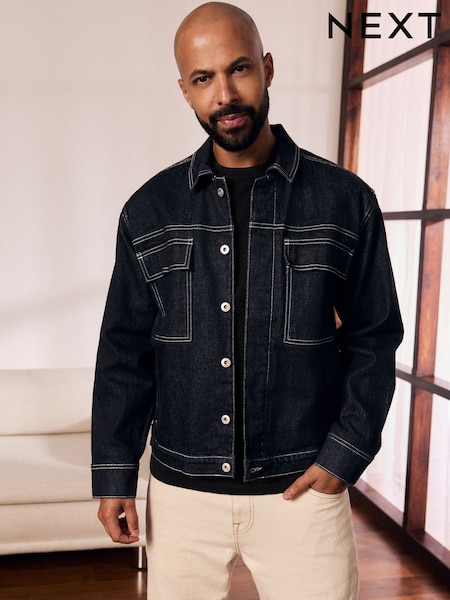 Negru - Contrast Stitched Denim Jacket (E89009) | 338 LEI