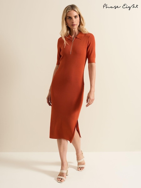 Phase Eight Orange Perrie Ribbed Zip Midi Dress (E89036) | €70