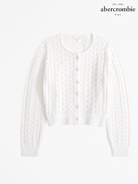 Alb - Abercrombie & Fitch alb decupat, rotund, tricot cu cablu Guler Cardigan (E89071) | 121 LEI - 129 LEI