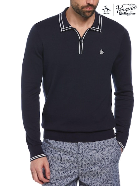 Original Penguin Blue Cashmere Like 100% Cotton Polo Neck Sweater (E89212) | 354 LEI