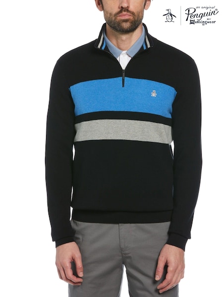 Original Penguin Quarter Zip Chest Stripe Polo Collar 100% Cotton Black Sweater (E89247) | €56