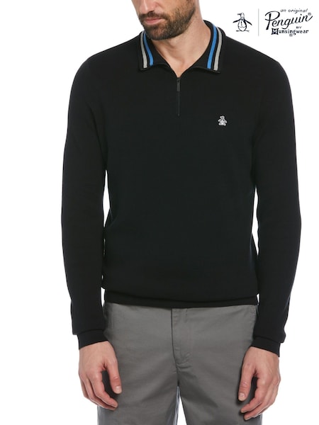 Original Penguin Quarter Zip Tipped Polo Collar 100% Cotton Black Sweater (E89252) | 333 LEI
