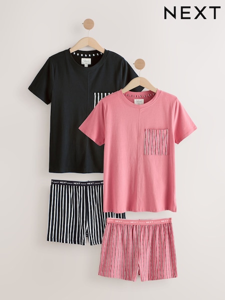 Black/Pink Stripe Short Sleeve 100% Cotton Pyjama Sets 2 Pack (E89429) | €29