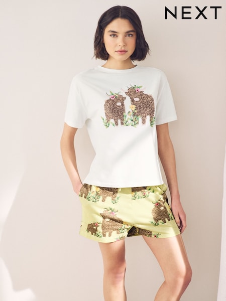 乳白色/綠色 - Hamish the Highland Cow 100% Cotton Short Sleeve Pyjamas (E89442) | NT$740